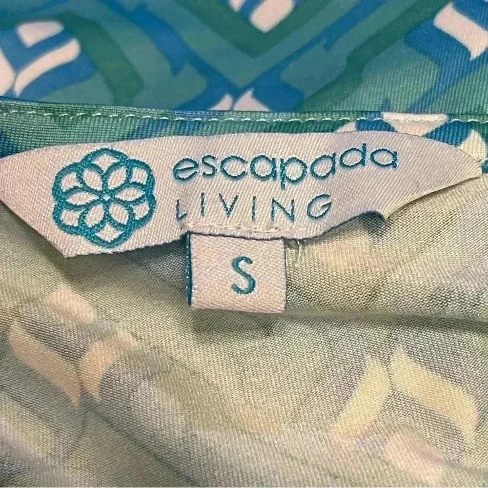 Escapada Living Shift Dress Geometric Aqua Tie Tab Sleeves Women’s Sz S - Picture 6 of 7